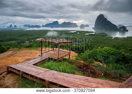 The Scenery Of The Sametnangshe Island In The Morning With The Wooden Path And Shack In Phang-nga Pr