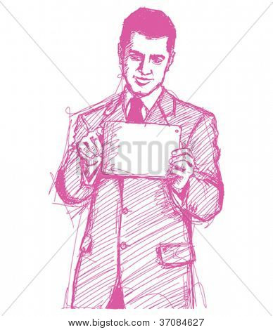 Vector Sketch, comics style man businessman in suit with i pad in his hands