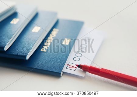 Immunity Passport, Risk-free Certificate Concept. Note Covid-19 Coronavirus, Passport, Red Pen And C
