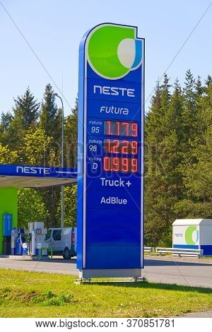 Tallinn, Estonia. 11.06.2020 Neste Oi, Logotype On A Neste Fuel Station With Fuel Price. Diesel 0, 9