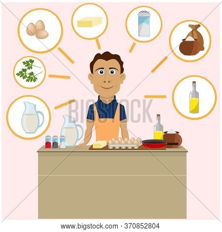 A Man Makes An Omelet. Vector Illustration On The Theme Of Cooking. Stay Home.