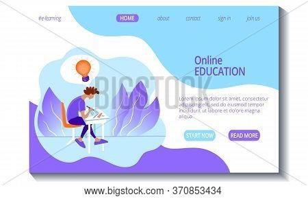 Web Page Template For Online Education And E-learning. Teacher And Students In An Online Classroom. 