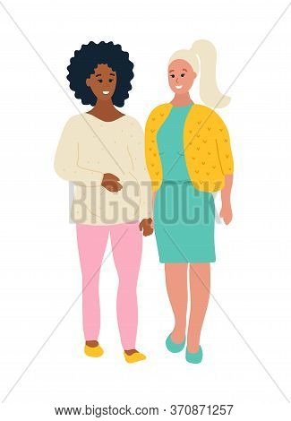 Hand Drawn Flat Style Vector Illustration. Black African Pregnant Woman Is Walking With Her White Ca