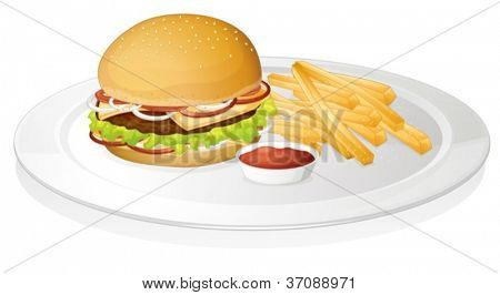 ilustracja, hamburger, frytki, sos na białym tle