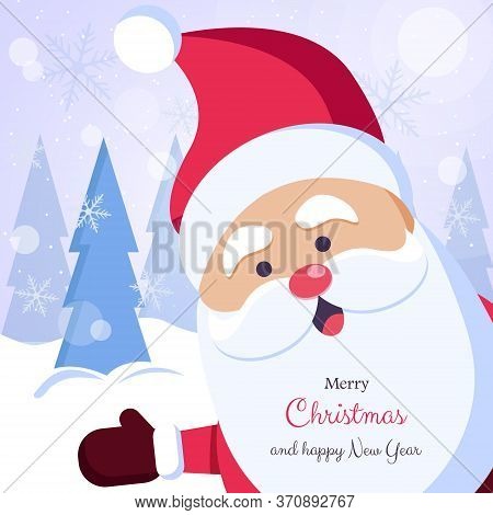 We Wish you a Merry Christmas. Happy new year. Santa Claus character with big signboard. Merry christmas greeting card vector background. Merry christmas and happy new year. Holiday greeting card with Christmas snow. Isolated vector illustration