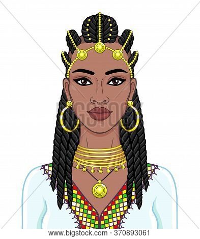 African Beauty: Animation Portrait Of The  Beautiful Black Woman In A Afro-hair And Gold Jewelry. Co