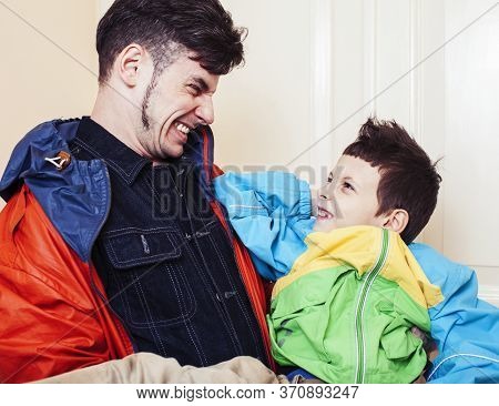 Faher And Son Together Having Fun At Home, Lifestyle Happy Family, People At Home