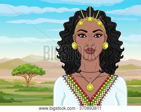 African Beauty: Animation Portrait Of The  Beautiful Black Woman In Afro-hair And Gold Jewelry. Colo