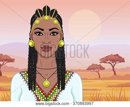 African Beauty: Animation Portrait Of The  Beautiful Black Woman In Afro-hair And Gold Jewelry. Colo