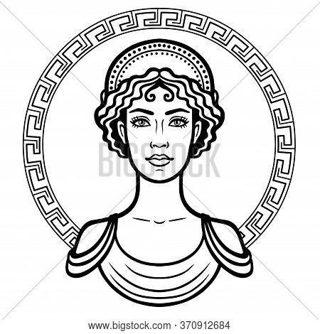 Linear Portrait Of The Young Greek Woman With A Traditional Hairstyle. Decorative Circle. Vector Ill