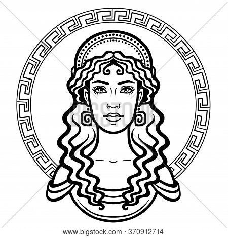 Linear Portrait Of The Young Greek Woman With A Traditional Hairstyle. Decorative Circle. Vector Ill