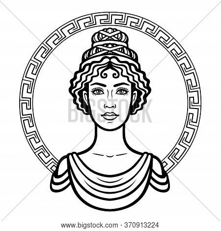 Linear Portrait Of The Young Greek Woman With A Traditional Hairstyle. Decorative Circle. Vector Ill