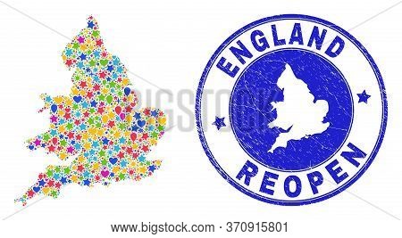 Celebrating England Map Collage And Reopening Grunge Watermark. Vector Collage England Map Is Done O