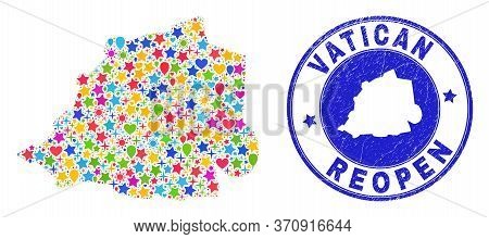Celebrating Vatican Map Collage And Reopening Scratched Stamp Seal. Vector Collage Vatican Map Is Ma