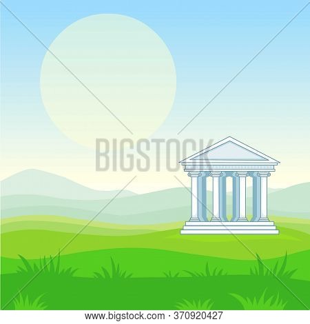 Animation Landscape: Mountain Valley, Antique Temple. Vector Illustration. The Place For The Text.