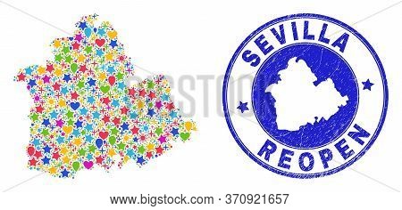 Celebrating Sevilla Province Map Collage And Reopening Grunge Stamp Seal. Vector Collage Sevilla Pro