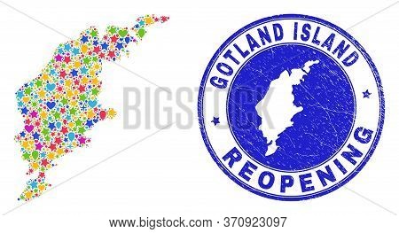 Celebrating Gotland Island Map Collage And Reopening Rubber Stamp Seal. Vector Collage Gotland Islan