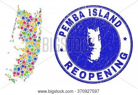 Celebrating Pemba Island Map Collage And Reopening Scratched Stamp Seal. Vector Collage Pemba Island