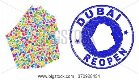 Celebrating Dubai Emirate Map Mosaic And Reopening Corroded Watermark. Vector Mosaic Dubai Emirate M