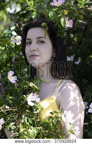 Attractive Young Brunette Woman In Yellow T-shirt. In A Bush Full Of Floweers. Copy Space.