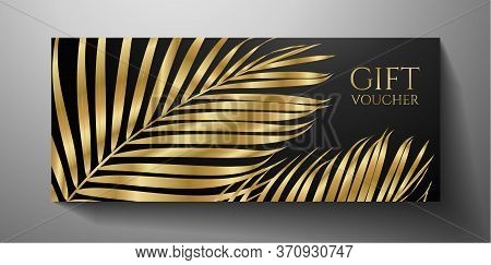 Gift Voucher/ Gift Certificate With Gold Luxe Palm Branch Isolated On Black Background. Premium Temp