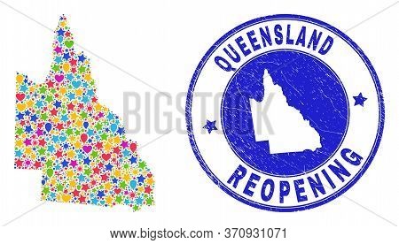Celebrating Australian Queensland Map Collage And Reopening Rubber Stamp Seal. Vector Collage Austra