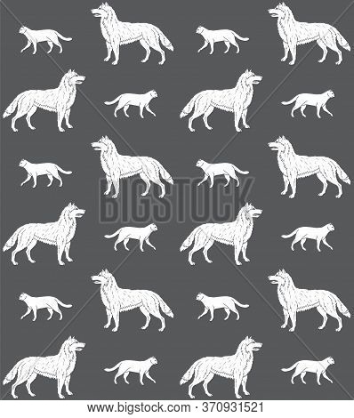 Vector Seamless Pattern Of White Hand Drawn Doodle Sketch Cats And Dogs Isolated On Graybackground