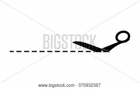 Vector Illustration. Scissors And Cut Line, Isolated On White Background, Simple Flat Design