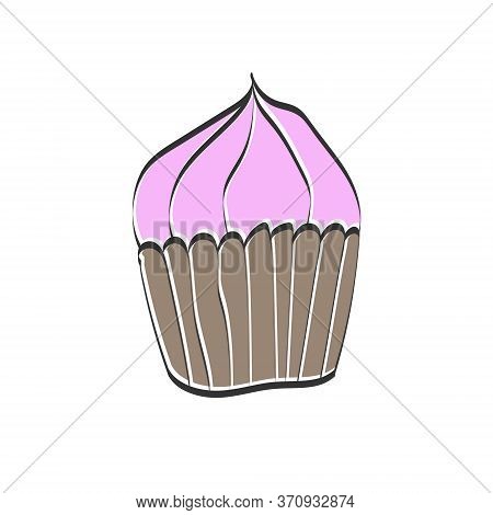 Vector Illustration. Doodle Style Cupcake Isolated On White Background, Simple Flat Design