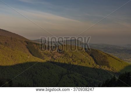 Color Spring Morning View From Pustevny In Beskydy Mountains With Cable Car