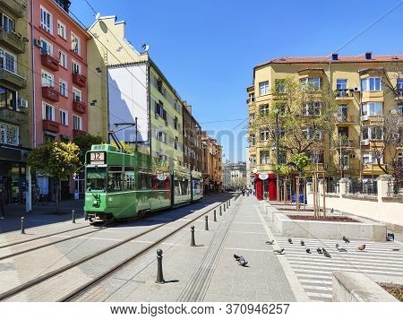 Sofia, Bulgaria - April 24, 2020:  Sunset View Of Graf Ignatiev Street In Sofia, Bulgaria