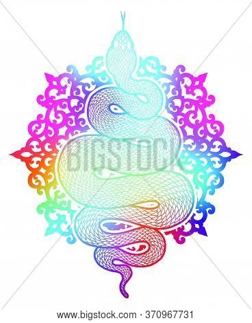Coiled Snake Over Floral Mandala Detailed Illustration. Colorful Tribal Serpent Isolated Over White 