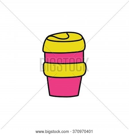 Reusable Coffee Cup Doodle Icon, Vector Color Illustration