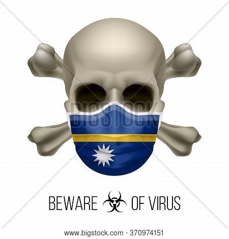 Human Skull With Crossbones And Surgical Mask In The Color Of National Flag Nauru. Mask In Form Of T