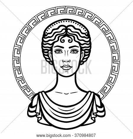 Linear Portrait Of The Young Greek Woman With A Traditional Hairstyle. Decorative Circle. Vector Ill