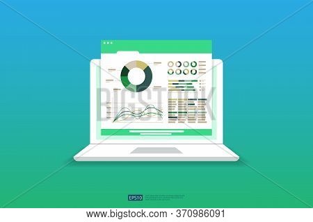 Web Statistics Analytic Charts On Laptop Device Screen. Flat Vector Infographic Trend Graphs Informa