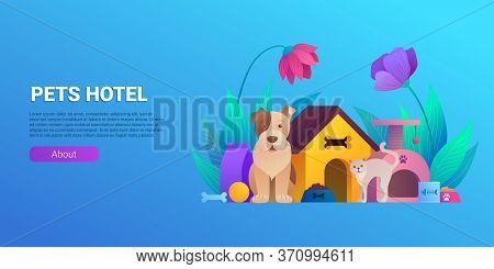 Pets Hotel Cartoon Horizontal Flyer Design. Welcoming Place For Dogs And Cats Banner. Comfortable Ac