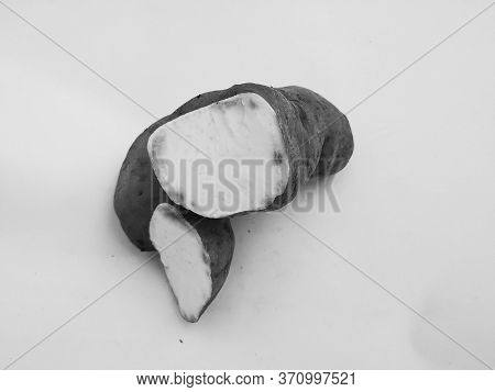 Broken Pink Color Sweet Potato Isolated In A White Background. This Is The Main Food In Pongal Or Ma