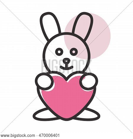 Cute Plush Rabbit With Heart Icon. Valentine Day Symbol. Vector Illustration, Romance Elements. Stic
