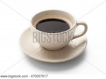 Fresh Hot Black Creamy Coffee In Light Porcelain Cup On White.