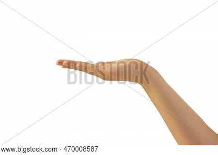 An Isolated Hand Palm Up On A White Background. An Empty Hand, An Isolate, Begging And Accepting Don