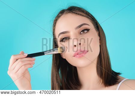 Girl Hold Blush Blusher Apply Powder Visage Isolated Over Studio Background. Young Woman Powdering C