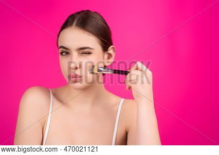 Woman Hold Blush Blusher Apply Powder Visage Isolated Over Studio Background. Girl Powdering Cheeks.