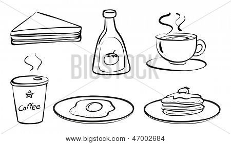 Illustrazione del cibi e bevande per la prima colazione su uno sfondo bianco