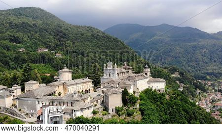 Biella, Italy - July 7, 2018: Aero View Of Beautiful Shrine, Ancient Temple Complex, Big Castle, San