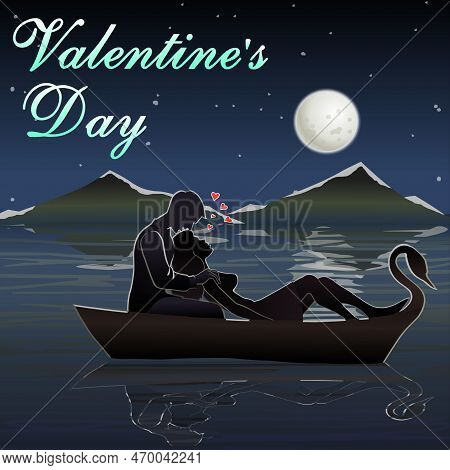 Valentines Day Card With Couple In Boat. Vector Illustration. I Love You - Valentine Day