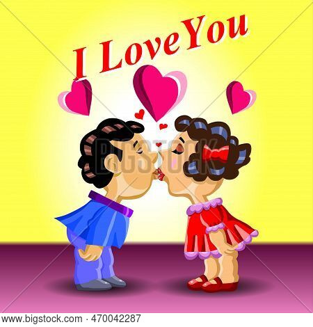 Valentine's Day Greeting Card With Couple Kissing. Vector Illustration.