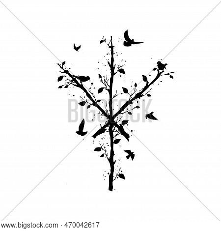 White Old Grunge Texture With Abstract Scandinavian Bind Rune With Wooden Branches And Leaves. Vikin