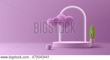 3d Cylinder Podium With Heart Shapes And Neon Arch, Stage Room Scene With Plant, Pastel Pink Colors 