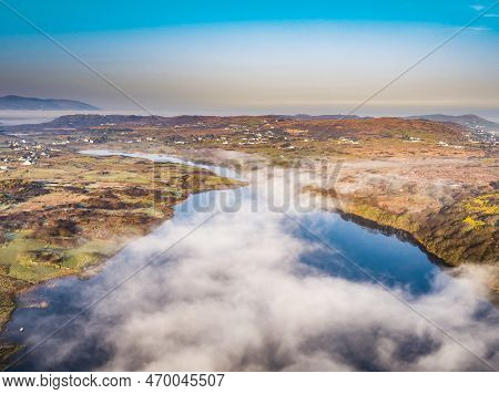Aerial View Of Lough Fad In The Morning Fog, County Donegal, Republic Of Ireland